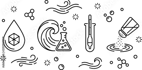 Schilderij op canvas Ocean Water Salinity and Chemistry Laboratory Test Icon Set for Marine Science D