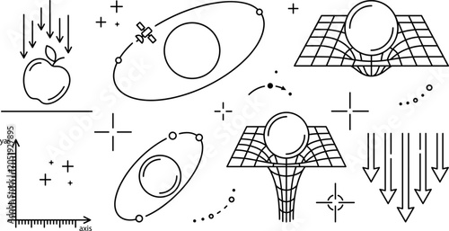 Bild auf Leinwand Physics Gravity Icon Set with Spacetime Curvature Orbiting Satellite and Falling