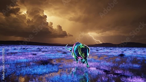 Bison in a colorful stormy landscape.