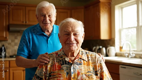 Two senior men waving in kitchen, love connection