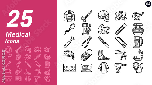 Photos 25 outline advanced medical technology and orthopedic tools icon set for clinica