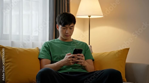Young Asian Man Using Smartphone on Couch