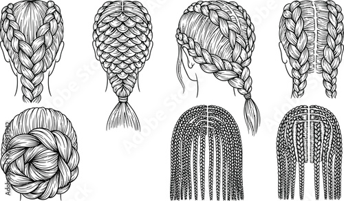 Bild auf Leinwand Collection of diverse braided hairstyles detailed line art illustrations of updo