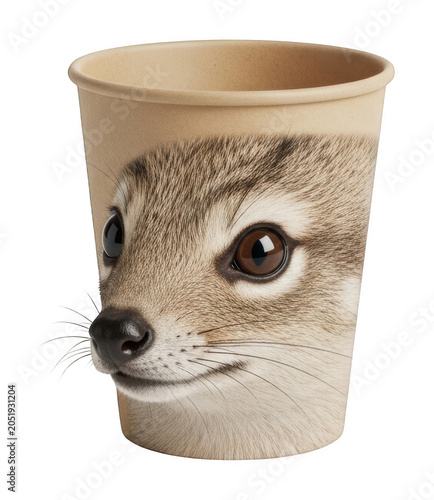 Whimsical brown kraft paper coffee cup with a 3D meerkat face studio shot isolated transparent background image