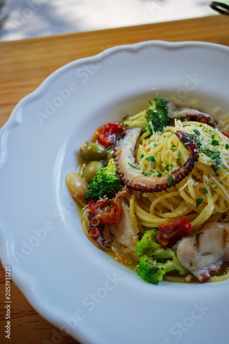 Close-up of spaghetti with seafood