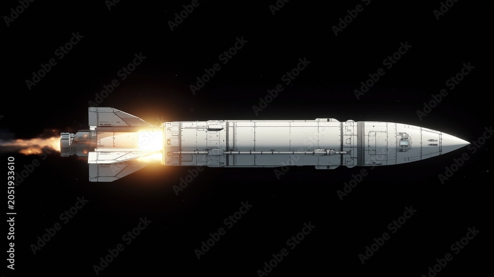 Fototapeta premium Powerful Space Rocket Launching into Darkness with Fiery Exhaust Trail