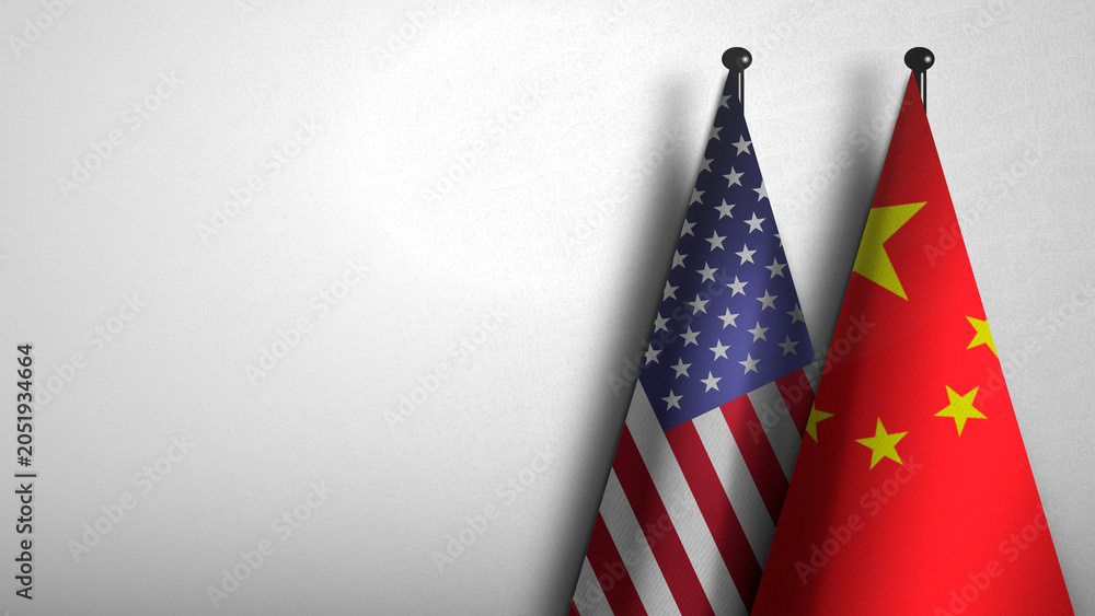 Obraz premium 3D rendering of two flag from China and United States on flagpoles with Gray background for diplomatic. bilateral relations. peace and conflict between countries. Fabric