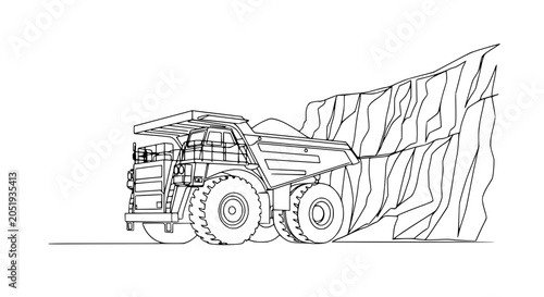 Heavy Mining Truck Next to Rock Face - Line Art Illustration