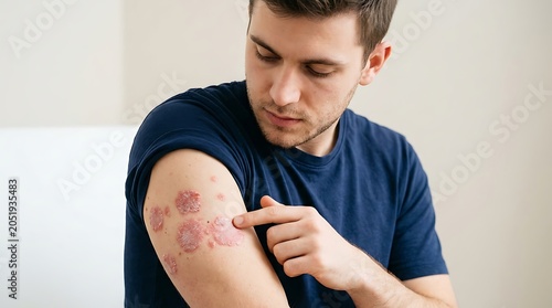 Young Man Examining Red, Scaly Skin Patches on His Arm, Indicating a Possible Dermatological Condition Like Psoriasis or Eczema