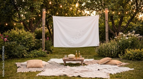 Outdoor cinema setup with a blank screen and seating on grass in rustic style in warm natural colors representing a cozy backyard movie night with copy space