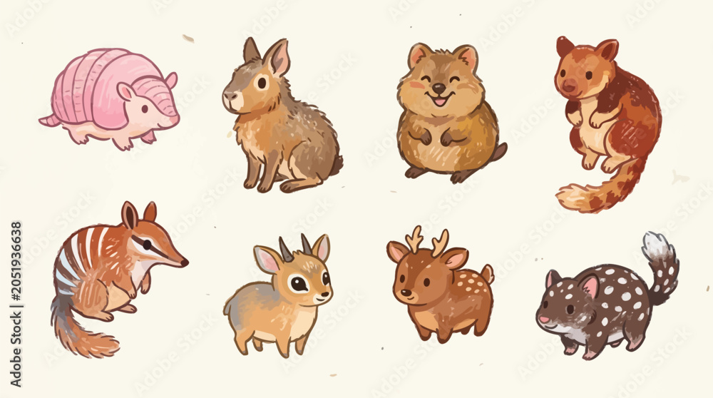 Fototapeta premium A charming collection of cute, cartoon-style Australian native animals, each with a unique and endearing appearance.