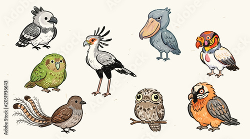 Tableau sur toile A charming collection of diverse bird species illustrated in a whimsical, cartoonish style