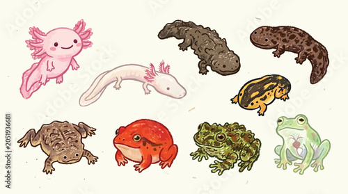 Foto A charming collection of diverse amphibian species, including axolotls, frogs, and salamanders, depicted in a whimsical illustration