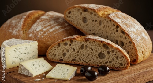 Artisanal bread and cheese arrangement on wooden surface close up