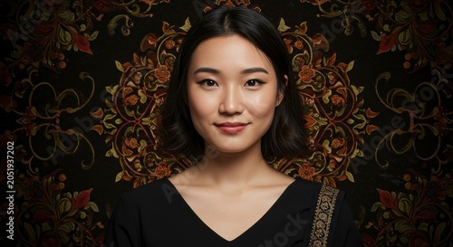 Asian woman portrait against ornate background for diverse visuals