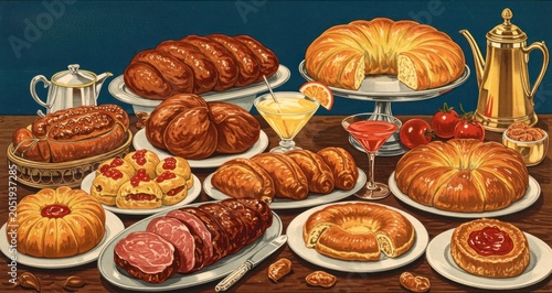Assortment of delicious baked goods and beverages on a tabletop display