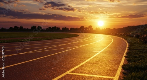 Athletic track at sunset with golden sunlight and scenic views
