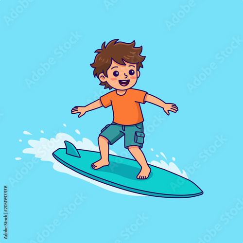 Photography Cute cartoon boy surfing on teal board
