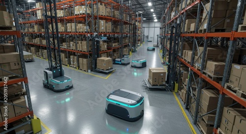 Automated warehouse logistics with robots carrying packages on shelves