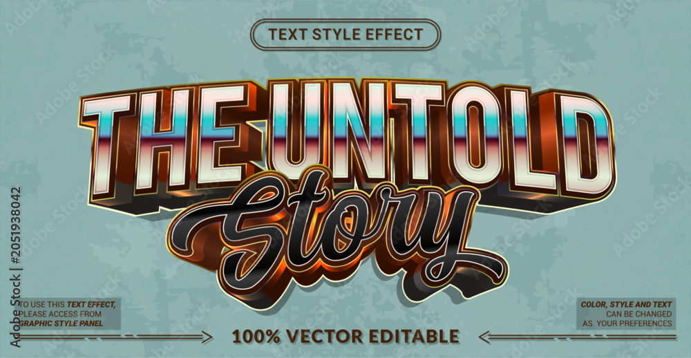 Obraz premium Editable “The Untold Story” text effect featuring dramatic cinematic typography, layered 3D lettering, and premium storytelling style for creative title designs.