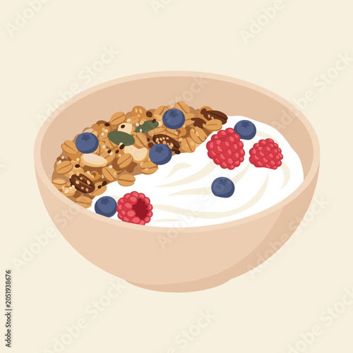 Healthy breakfast bowl with Greek yogurt, granola, fresh raspberries, and blueberries in a ceramic bowl.