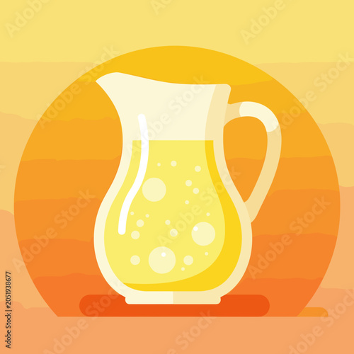 Fresh Lemonade in a Glass Pitcher over Warm Sunset Background, Flat Vector Illustration