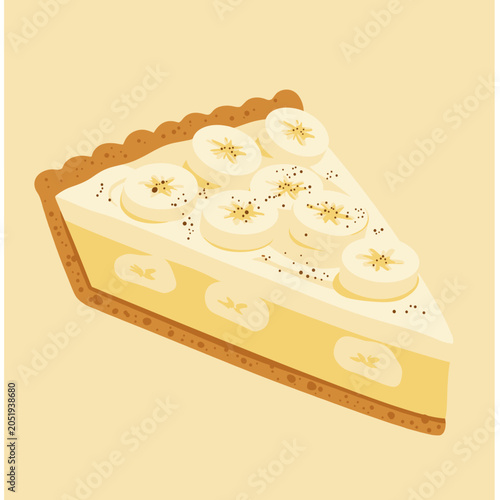 Slice of Banana Cream Pie with Fresh Sliced Bananas and Whipped Cream Filling on a Pastry Crust Vector Illustration