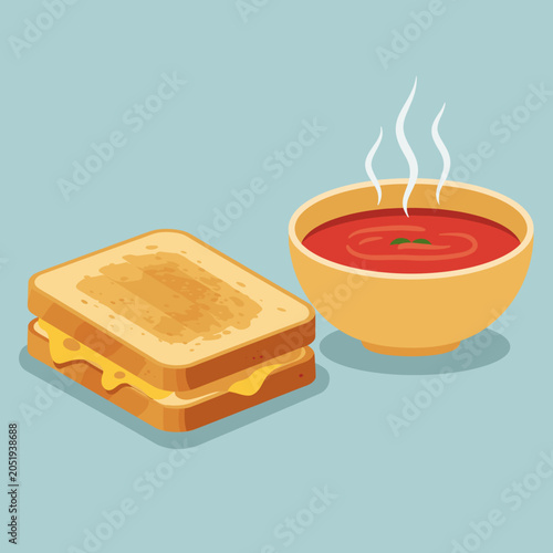 Classic Comfort Food Illustration featuring a Grilled Cheese Sandwich and a Steaming Bowl of Tomato Soup