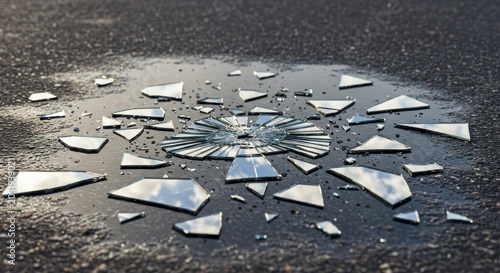 Broken glass fragments on dark surface reflection and abstract detail