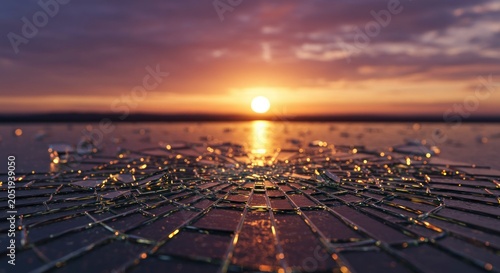 Broken glass reflecting a vibrant sunset sky abstract background