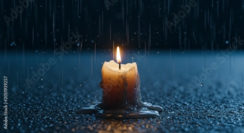 Burning candle in rain serene scene of light and water droplets