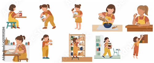 Cuadro en lienzo Little girl in yellow overalls with food jars in kitchen flat illustration set