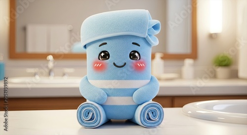 Cartoon character in bathroom setting with towel cheerful expression