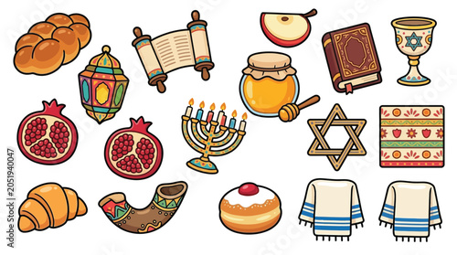 Schilderij op canvas Collection of Jewish Holiday Symbols and Foods.
