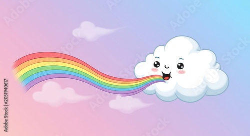 Cartoon cloud spewing rainbow against pastel sky background