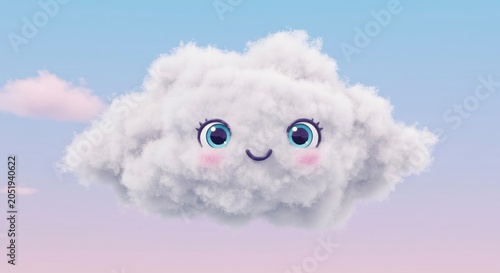 Cartoon cloud smiling against a pastel sky for childrens storybook illustrations