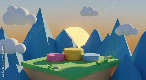 Cartoon podium on an island with stylized mountains and a sunset background