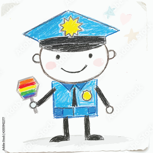 A colorful child drawing of a friendly police officer holding a rainbow lollipop.