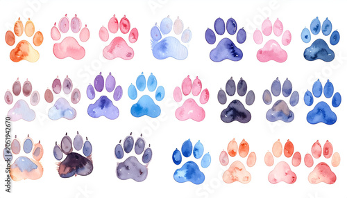 Collection of Watercolor Paw Prints in Various Vibrant Colors.