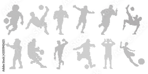Soccer player silhouette collection with various football action poses isolated