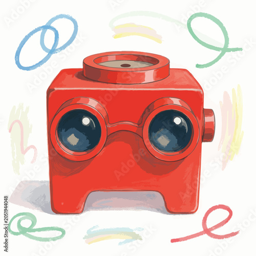 Cute red toy robot character with large round eyes.