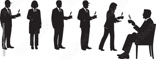 Obraz na plátně Black Solid Subordinate Worker Bringing Coffee Silhouettes Set of Six on White B