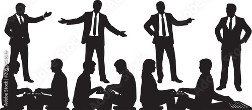 Billede på lærred Black Solid Team Lead Dictating Tasks Silhouettes Set of Six on White Background