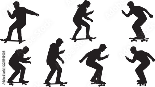 Cuadro en lienzo Black Solid Skateboard Texting Smartphone Silhouettes Set of Six on White Backgr