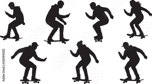 Tableau sur toile Black Solid Skateboard Texting Smartphone Silhouettes Set of Six on White Backgr