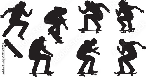 Tableau sur toile Black Solid Skateboard Texting Smartphone Silhouettes Set of Six on White Backgr