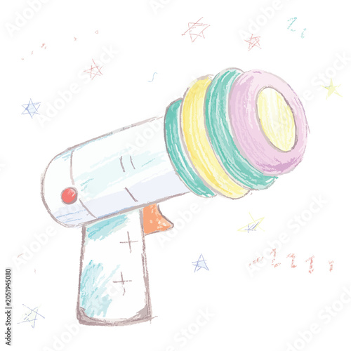 A colorful childs drawing of a sci-fi space ray gun.