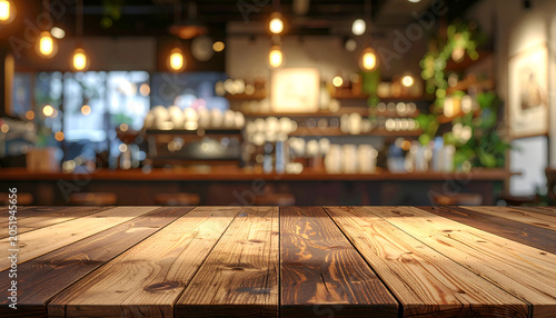 Empty Wooden Table in a Cozy Coffee Shop with Warm Lighting.