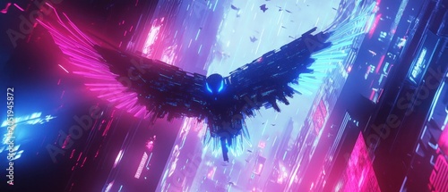 Neon creature flying over a neon city