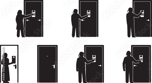 Bild auf Leinwand Black Solid Teleworker Do Not Disturb Sign Silhouettes Set of Six on White Backg